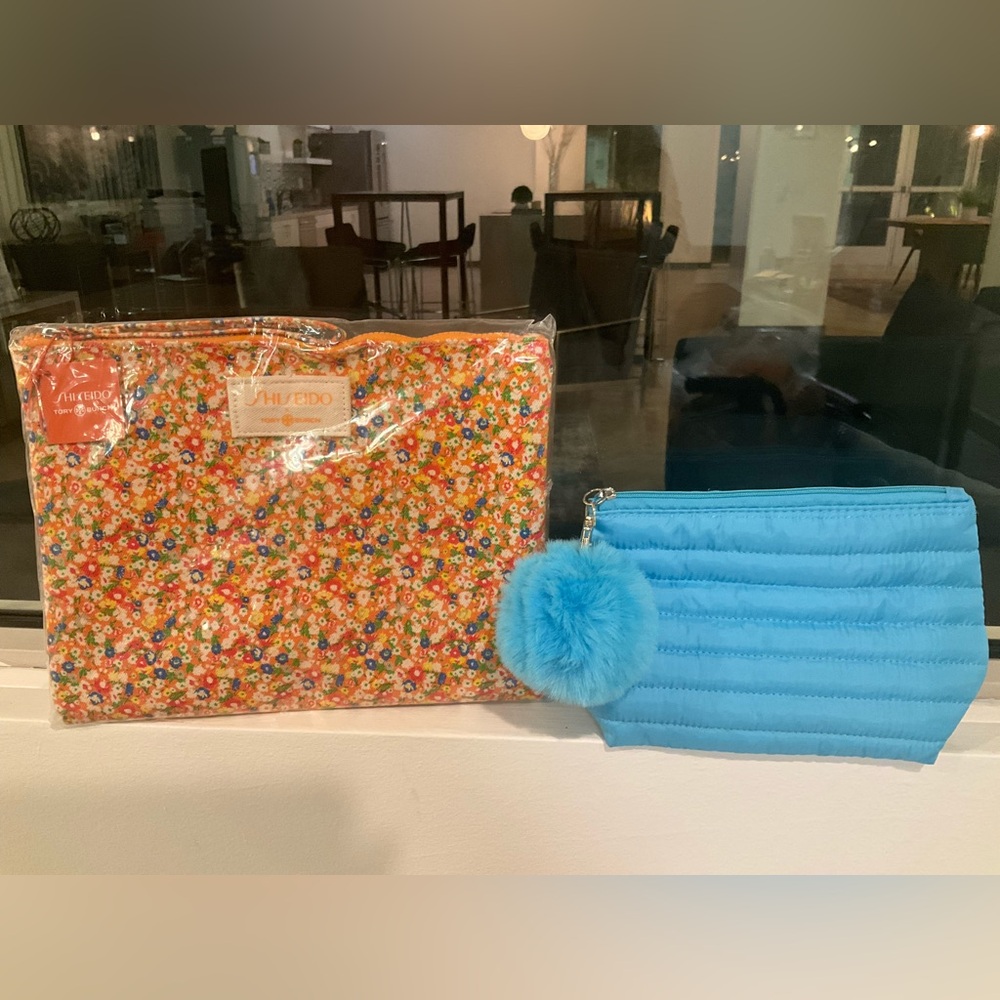 Tory Burch/Shisedo Floral  and Pom Pom Puffer Pouch/Cosmetic Bag Bundle